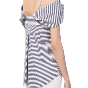 Theory Hartman Women's V-Neck Off Shoulder Striped Cotton-Poplin Blue Top, Small
