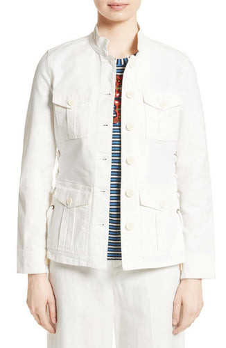 Tory Burch Jacket Womens Extra Large White Military Stand Collar Cotton Blazer