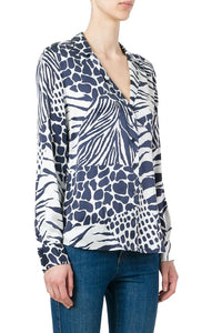 Equipment Women's Adalyn Silk Animal Print V-Neck Blue Button Up Shirt - Luxe Fashion Finds
