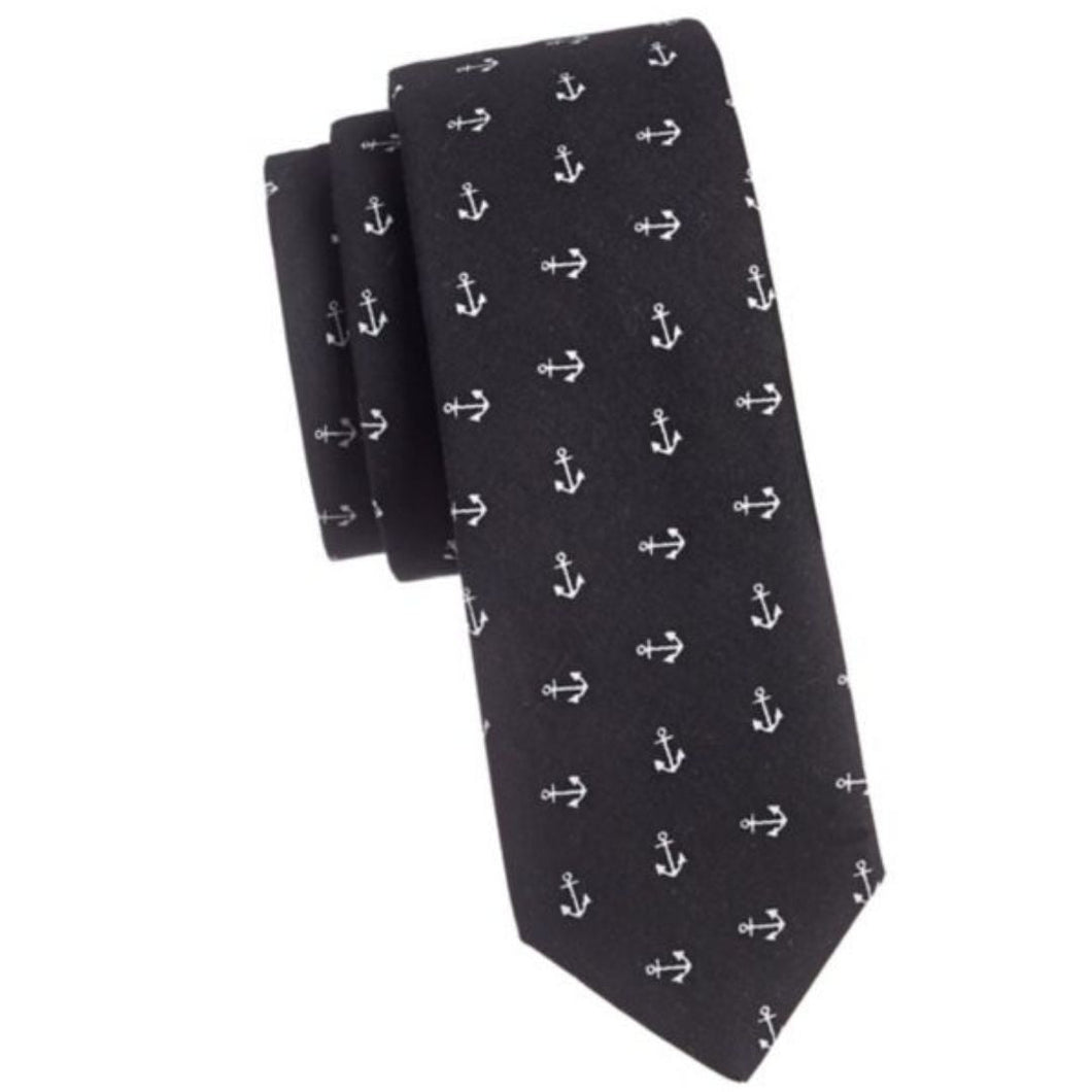 Haight Ashbury Men’s Silk Anchor Print Classic Skinny Tie, Navy Blue/White - Luxe Fashion Finds