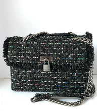 Load image into Gallery viewer, Kurt Geiger Women’s Large Brixton Lock Colorful Tweed Sequin Black Crossbody Bag
