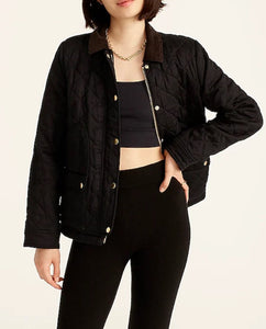 J Crew Quilted barn black jacket with zip snap closure . Made of sustainable fabric