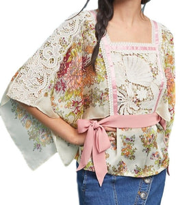 Anthropologie Women's Floral Print Lace Trim Kimono Sleeve Ivory Chiffon Blouse - Luxe Fashion Finds