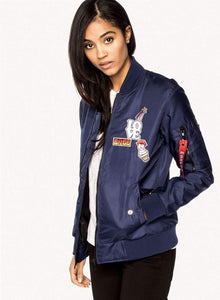 CHRLDR Women's Bomber Flight Jacket - Bisou Embroidered Patch Blue - XS - Luxe Fashion Finds