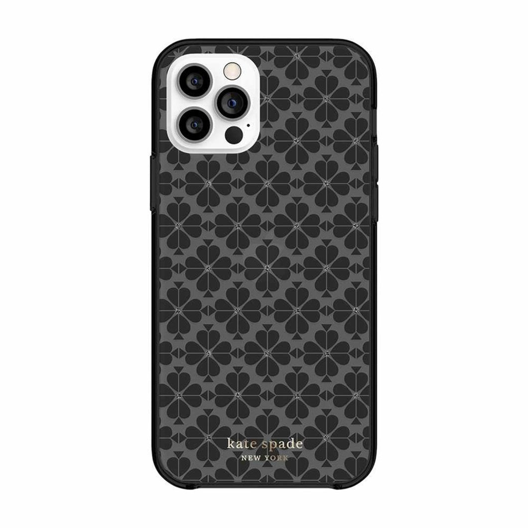 Kate Spade iPhone 12 and 12PRO Case Black Glitter Spade Flower Hardshell Bumper**