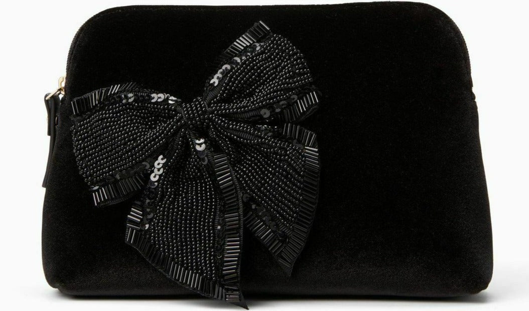 Kate Cameron Street Velvet Bow Small Beaded Briley Cosmetic Travel Bag, Black - Luxe Fashion Finds