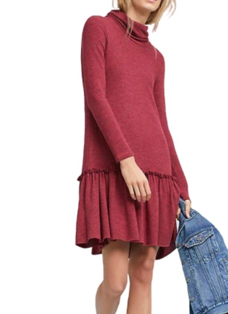 Anthropologie Women's Drop-Waist Turtleneck Red Tunic Ruffle Hem Dress - M - Luxe Fashion Finds