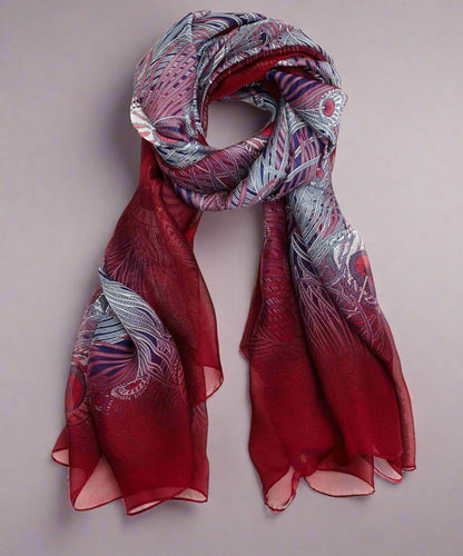 Liberty London Hera Silk Blend Scarf Red Blue Peacock Oblong Large Lightweight