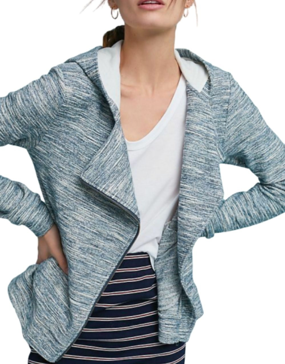 Anthropologie Women's Moto Crop Hoodie Blue Cotton Tweed Cardigan Jacket  XS - Luxe Fashion Finds