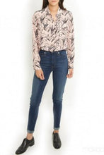 Load image into Gallery viewer, The Kooples pink floral silk shirt is paired with blue denim jeans and loafers
