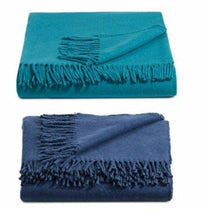 Load image into Gallery viewer, Distinctly Home Blanket Throw Blue Fringed Recycled Oeko-Tex Cotton 50 x 70