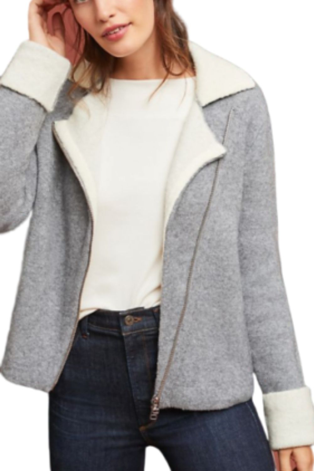 Anthropologie Women's Moto Asymmetric Zip Contrast Collar Grey Knit Jacket, S