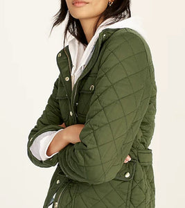 J Crew Field Jacket Womens Large Green Quilted Downtown Zip/Snap Cotton Ladies