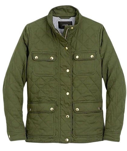 J Crew Jacket 2X Womens Quilted Downtown Zip/Snap Green Cotton Field, Plus