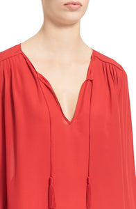 Joie Women's Odelette Silk V Neck Tassel Ties Long Sleeve Red Blouse - Medium - Luxe Fashion Finds