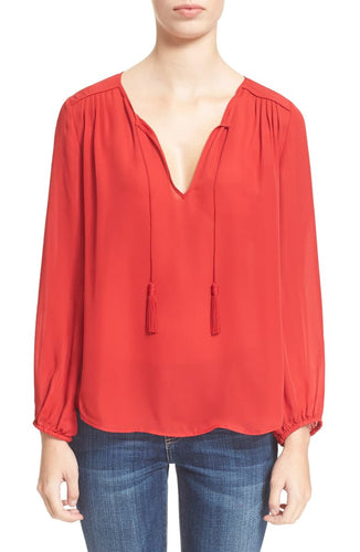 Joie Women's Odelette Silk V Neck Tassel Ties Long Sleeve Red Blouse - Medium - Luxe Fashion Finds
