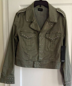 Hudson Women's Military Silver Studded Cotton Cropped Jacket, Khaki - Medium