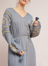 Load image into Gallery viewer, Anthropologie Women’s Riya Beaded Grey Tunic Midi Dress w Tassel Belt, Large (P)