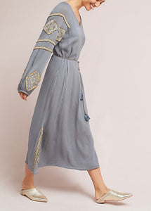 Anthropologie Women’s Riya Beaded Grey Tunic Midi Dress w Tassel Belt, Large (P)