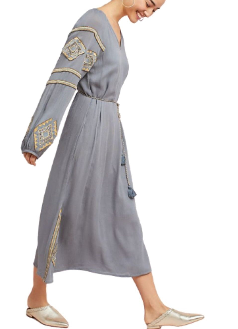 Anthropologie Women’s Riya Beaded Grey Tunic Midi Dress w Tassel Belt,  Large (P)