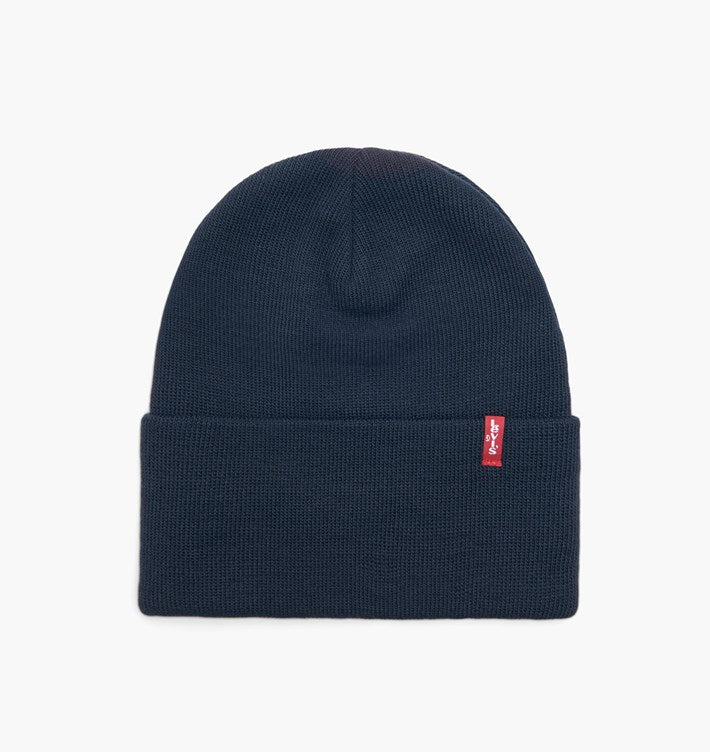 Levis Men’s Slouchy Stretch Rib Knit Logo Cuffed Beanie Hat, Blue/Gray OS