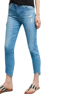 AG Stevie Jeans Womens 32 Mid-Rise Distressed Hi-Lo Blue Capri Crop Pant