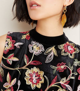 Anthropologie Women’s Eva Franco Sleeveless Floral Embroidery Black Velvet Top, M