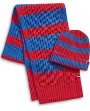 Load image into Gallery viewer, Tommy Hilfiger Scarf &amp; Roll Up Beanie Hat Set Rugby Knit 2-Piece Striped, Red/Blue