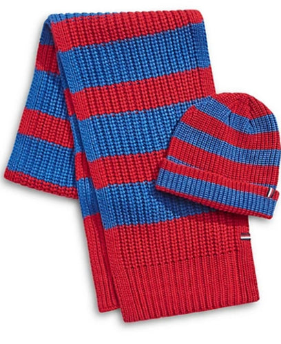 Tommy Hilfiger Scarf & Roll Up Beanie Hat Set Rugby Knit 2-Piece Striped, Red/Blue