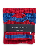 Load image into Gallery viewer, Tommy Hilfiger Scarf &amp; Roll Up Beanie Hat Set Rugby Knit 2-Piece Striped, Red/Blue