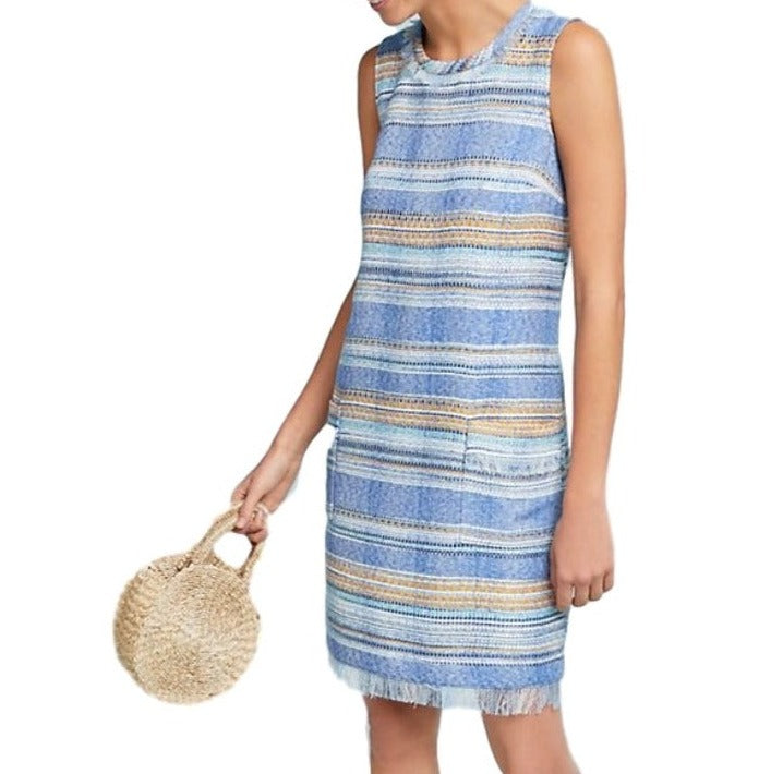 Anthropologie Women's  Blue Striped Lightweight Tweed Sleeveless Shift Dress - 12 - Luxe Fashion Finds