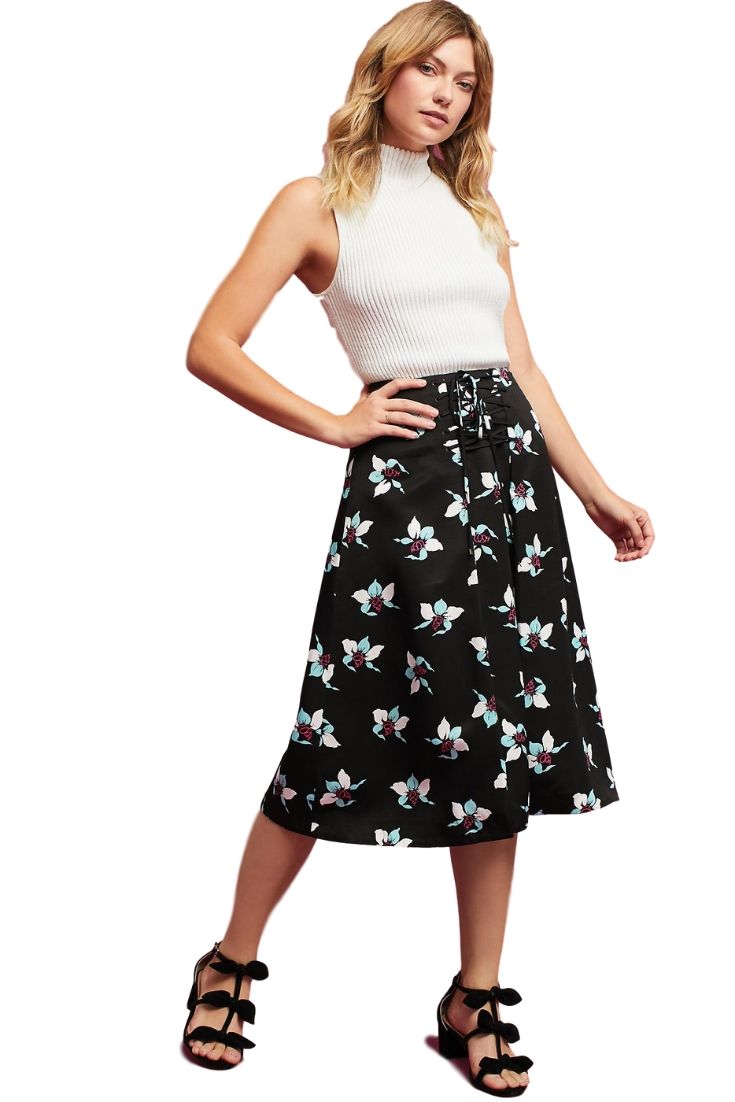 Anthropologie Women's Maeve Lace-Up Floral Print A Line Black Midi Skirt - 4 - Luxe Fashion Finds